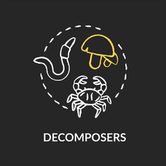 Decomposers chalk RGB color concept icon. Food chain final link, reducers. Biological process in nature idea. Vector isolated chalkboard illustration on black background