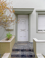 steps to old elegant house entrance white door