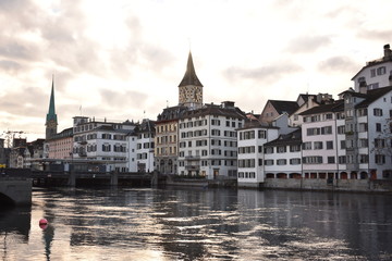 Cityscape in Altstadt along the Limmat river running through Zurich Switzerland