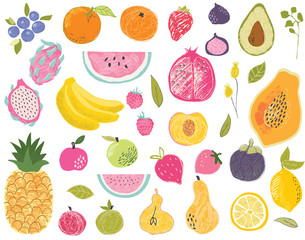 Set of exotic fruits in modern vector hand drawn scandinavian style,summer symbol, fruit salad.Doodle textured cute fruits, pineapple,apple,watermelon,mango,fig,lemon,strawberry,avocado,papaya