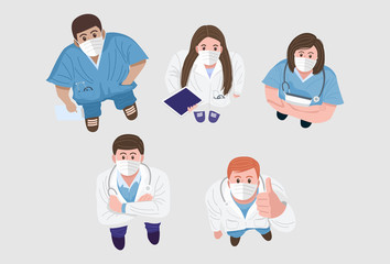 Top view of happy doctors and nurses wearing protective masks and standing looking up at camera. Vector