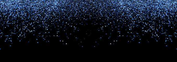 Abstract blue defocused glitter holiday panorama background on black. Falling shiny sparkles. New year Christmas glowing backdrop - obrazy, fototapety, plakaty