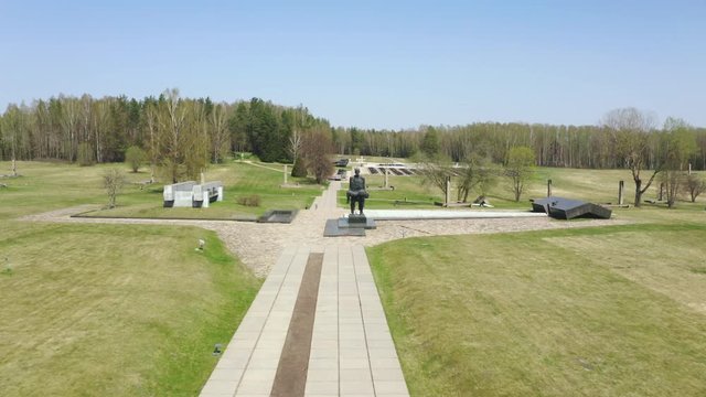 Khatyn village in Belarus. The Unconquered Man sculpture in Khatyn memorial. Consequences of the second world war. Aerial view, Drone shoot, Aerial photography
