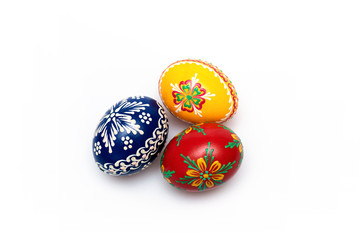Beautiful hand painted Czech Easter eggs, bright colors, precise decoration, isolated on whited background