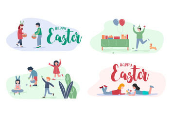 Fototapeta na wymiar Flat design, Happy Easter, Children enjoy an Easter egg hunt.