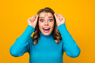 Closeup photo of attractive cheerful lady open mouth listen unexpected good news taking off eyewear...