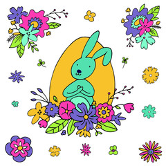 Vector illustration with colourfull rabbits and flowers and the message happy easter. Simply colours joy, faith, funny cartoon for childrens