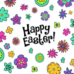 Floral illustration with happy easter, handrawing flowers vector simple colours, joy, spring, nature