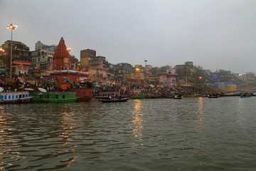 Naklejka premium The ghats of Varanasi along the western shore of the sacred Ganges