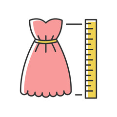 Product length RGB color icon. Measuring dress size, tailoring parameters. Height specification for bespoke female clothing. Isolated vector illustration
