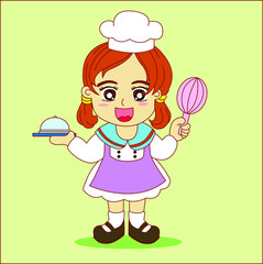 Cartoon vector Chef girl design character wearing white Chef suit, holding a whisk and a dish in her hand with cheerful expression, ready to serve, isolated with Green background.