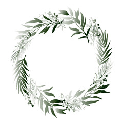 Botanical wreath. Flowers, leaves and branches, round frame. Design elements for logo, cards, wedding invitations, fabric and textile. White background. Vector illustration.