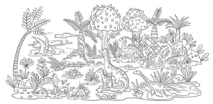 Big vector coloring page with different dinosaurs, prehistoric tropical plants, trees, nest and flowers. Cute and funny dinos in doodle style. Coloring book for kid’s educational games.