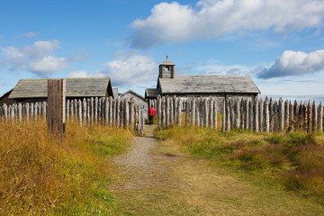 Fototapeta na wymiar Punta arenas, Chile, Bulnes Fort. The Fort was founded in 1843. There are reconstructions of log cabins where settlers lived, chapels, gunpowder cellars, prisons, and stables. It offers an excellent 