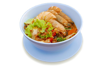 Prawn noodle in a white bowl isolated on a white background.