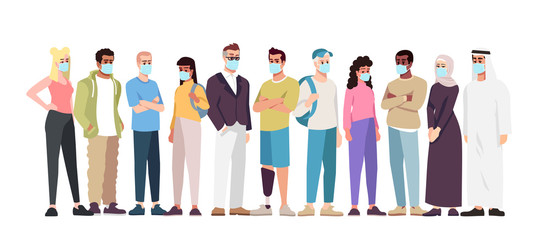 Fototapeta premium Covid19 pandemic semi flat RGB color vector illustration. Multi Ethnic people group in surgical masks isolated cartoon character on white background. Worldwide coronavirus spread. Personal protection