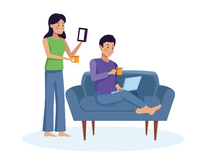 couple using smartphone and laptop characters