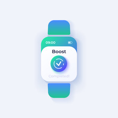 Boost completed smartwatch interface vector template. Mobile app notification day mode design. Memory optimization message screen. Flat UI for application. Check mark on smart watch display