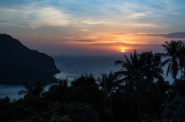An amazing sunset from an elevated pointview on a hill in Koh Phi Phi Island, Krabi, Thailand