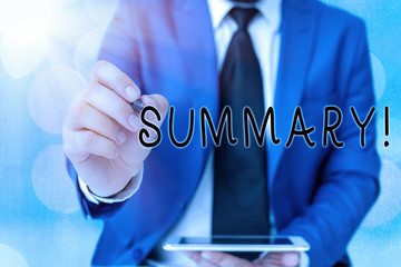 Word writing text Summary. Business photo showcasing brief statement or account of main points of...