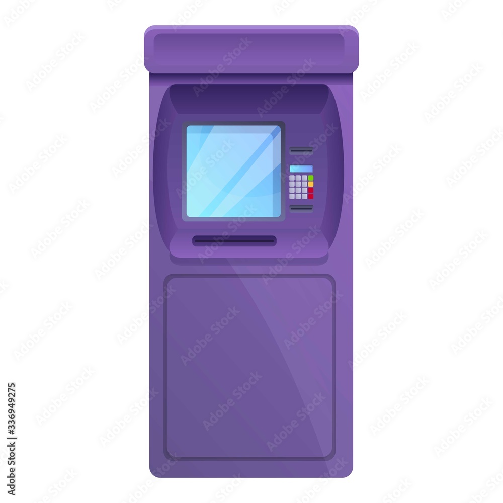 Poster finance atm machine icon. cartoon of finance atm machine vector icon for web design isolated on whit