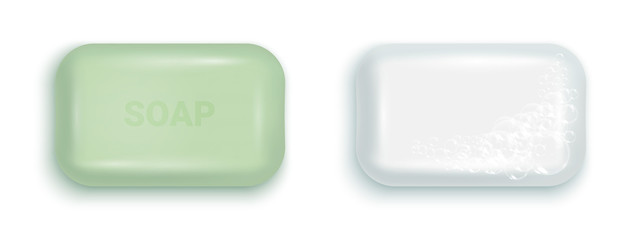 Soap bar with foam and bubbles isolated vector illustration on white background. Soap foam for lather. Vector illustration.