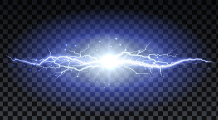 Lightning strikes and sparks, electrical energy on transparent background. Lightning flash and spark. Vector neural cells system.