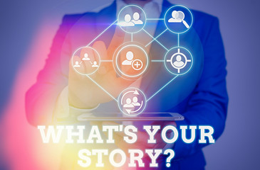 Word writing text What Is Your Story question. Business photo showcasing being asked by someone...