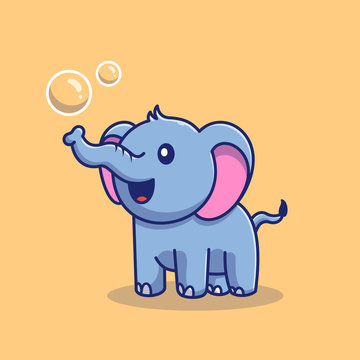 Cute Elephant Bubbles Vector Icon Illustration. Elephant Mascot Cartoon Character. Animal Icon Concept White Isolated. Flat Cartoon Style Suitable for Web Landing Page, Banner, Flyer, Sticker, Card
