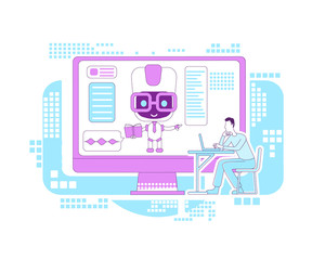 Education assistant bot thin line concept vector illustration. Remote lesson website chatbot. Robot development course student 2D cartoon character for web design. E learning technology creative idea