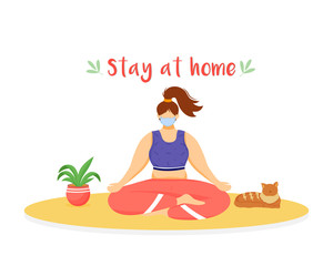 Stay at home flat color vector faceless character. Quarantine selfcare. Woman meditating with medical mask. Self isolation isolated cartoon illustration for web graphic design and animation