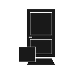 The box with the order was left by the courier near the door. Black Vector stock icon isolated on a white background. The concept of the quarantine and prevention of coronavirus (COVID-19)