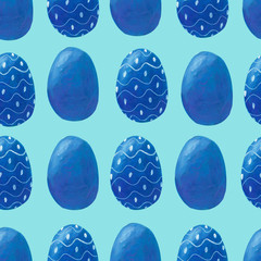 Seamless pattern with pantone blue colored easter eggs with white ornament isolated on white background