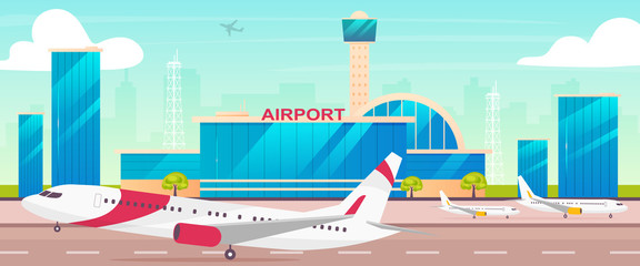 Airport flat color vector illustration. Runway with departing plane 2D cartoon landscape with control tower on background. International airline transportation business. Civil aviation industry © IMG visuals characte