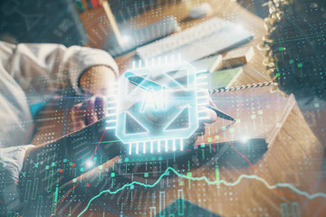 Multi exposure of woman's hands on background with technology and digital coding icons. Data development concept.