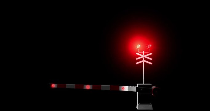3d animation of a working railway crossing. Passing cars. railway barrier