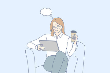 Dream, coffee break, news, social media concept. Young happy businesswoman or girl clerk manager sittting in chair, reading news on tablet in office. Coffee break at work. Social media communication.