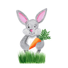 Cute bunny rabbit with sweet carrot in hands isolated on white. Watercolor gouache hand drawn illustration