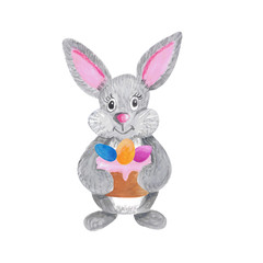 Easter rabbit bunny with baked cake in hands isolated on white. Watercolor gouache hand drawn illustration