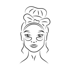 Woman with under eye patches contour portrait vector illustration. Girl face with anti aging skincare product realistic line art. Lady eyes dark circles treatment outline character white background