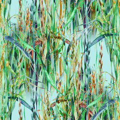 Grass Seamless Pattern. Watercolor Background.