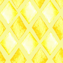 Gelbe Aquarellrauten: zartes nahtloses Muster, geometrischer Textildruck, geflieste Tapetenstruktur.