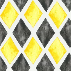 Peel and stick wall murals Rhombuses Yellow and black watercolour rhombuses on white background: tiled seamless pattern, bright textile print, mosaic wallpaper texture.