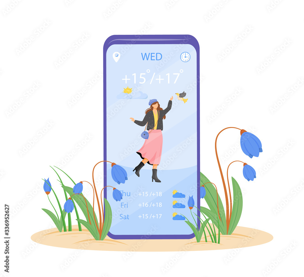 Poster spring weather forecast cartoon smartphone vector app screen. mobile phone display with flat charact