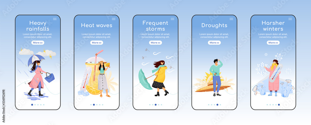 Poster weather forecast onboarding mobile app screen flat vector template. seasonal storms. walkthrough web