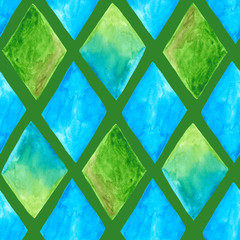 Green and blue watercolour rhombuses on green background: geometric seamless pattern, abstract textile print, tiled wallpaper texture.