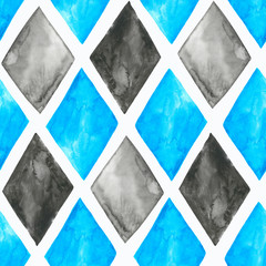 Blue, black and grey watercolour rhombuses on white background: tiled seamless pattern, mosaic textile print, wallpaper texture.