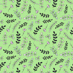 Vector seamless pattern with doodle twigs and flowers on green background; floral design for fabric, wallpaper, wrapping paper, textile, packaging, web design.