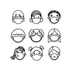 Set of outline humans avatars faces with medicine masks