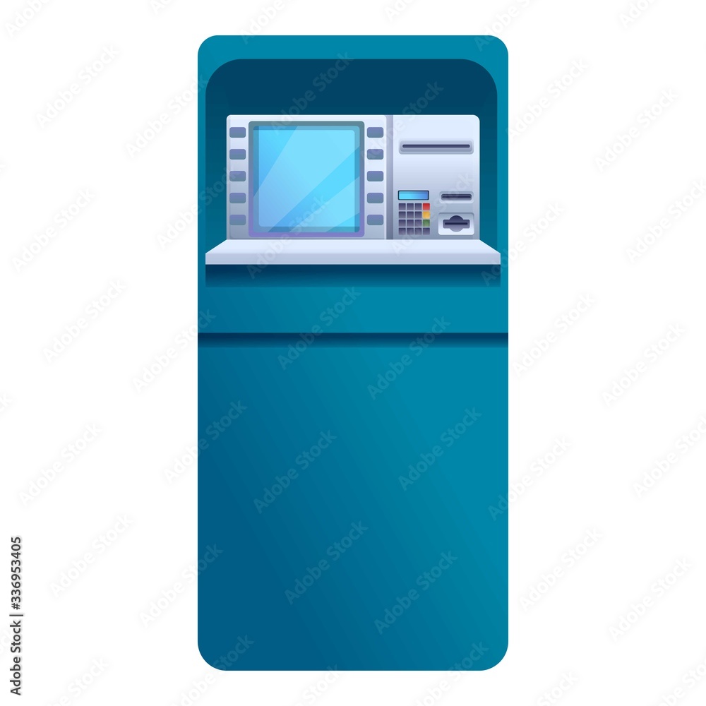 Poster atm icon. cartoon of atm vector icon for web design isolated on white background